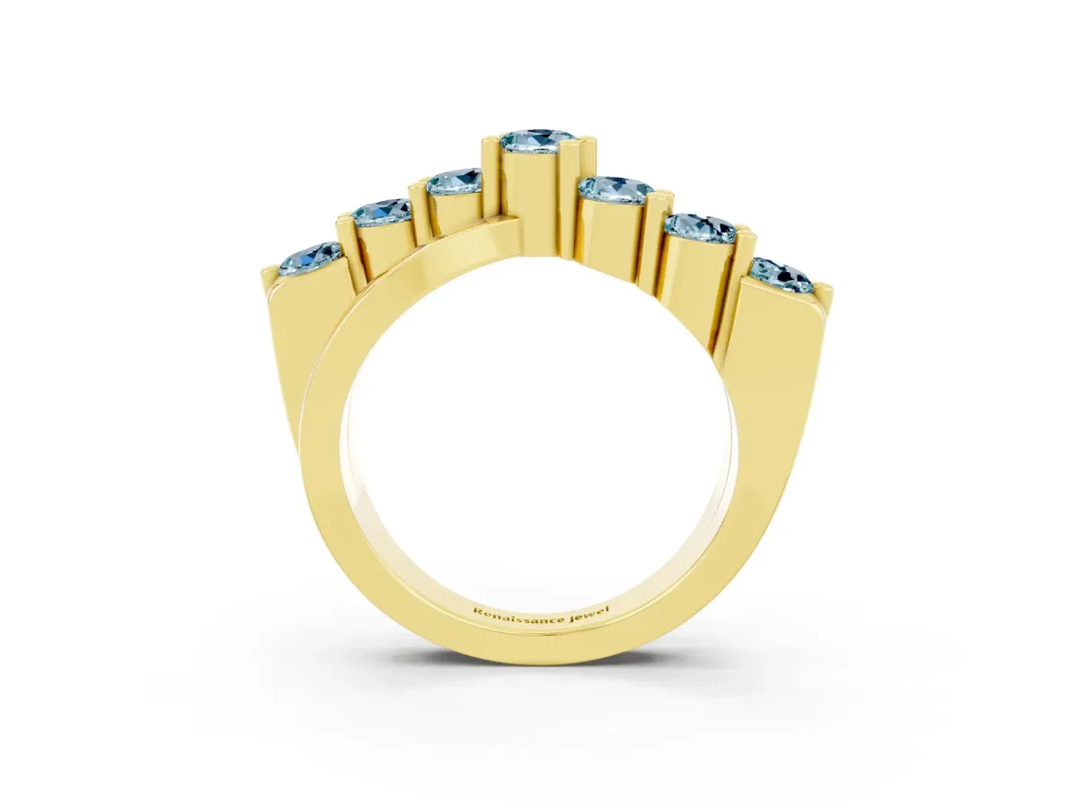 Round Aquamarine Prong-Set Crossover Band Yellow gold