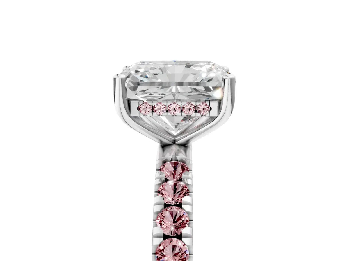 Radiant Cut Diamond Pave Band Solitaire Ring with Round Morganite and Prong Setting Silver