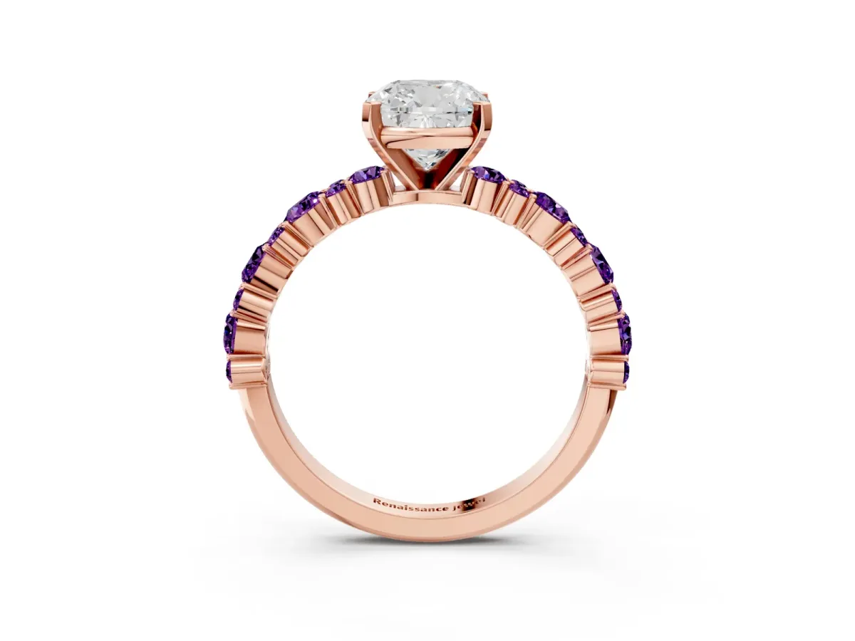 Cushion Cut Diamond Side Stone Solitaire Ring with Round Amethyst and Four-Prong Setting Rose gold