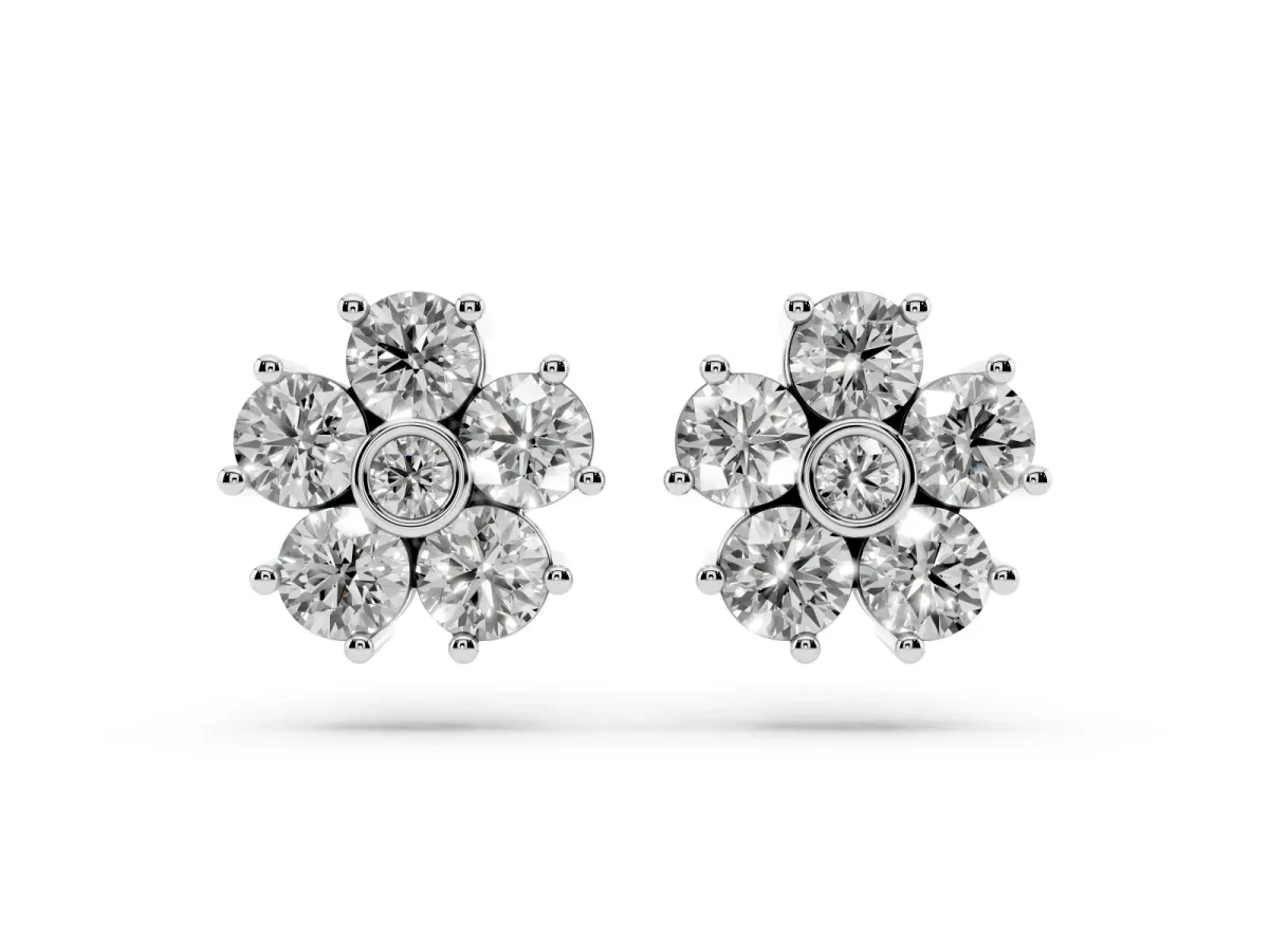 Round Diamond Flower Stud Earrings with Diamond Accent Silver