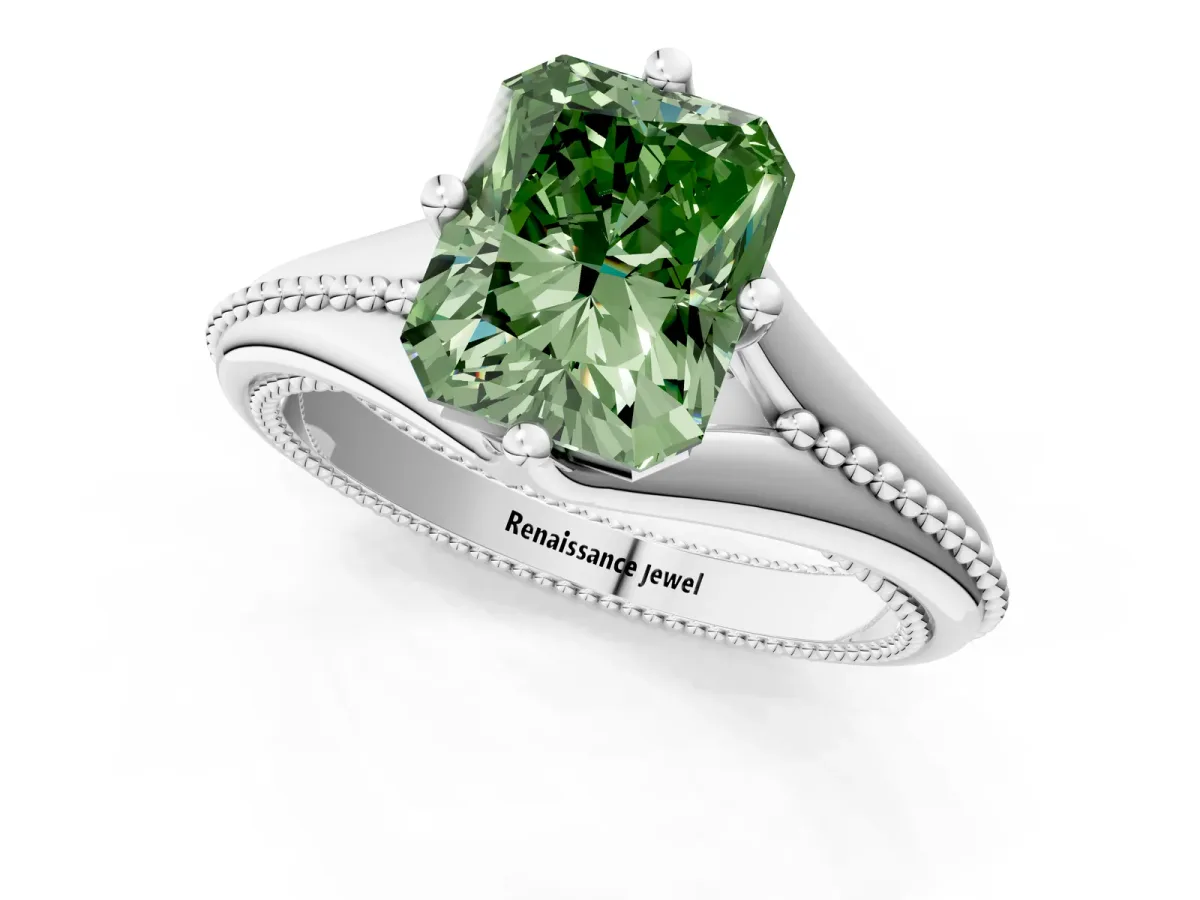 Fancy Green Radiant Cut Solitaire Beaded Band Six-Prong Setting Platinum