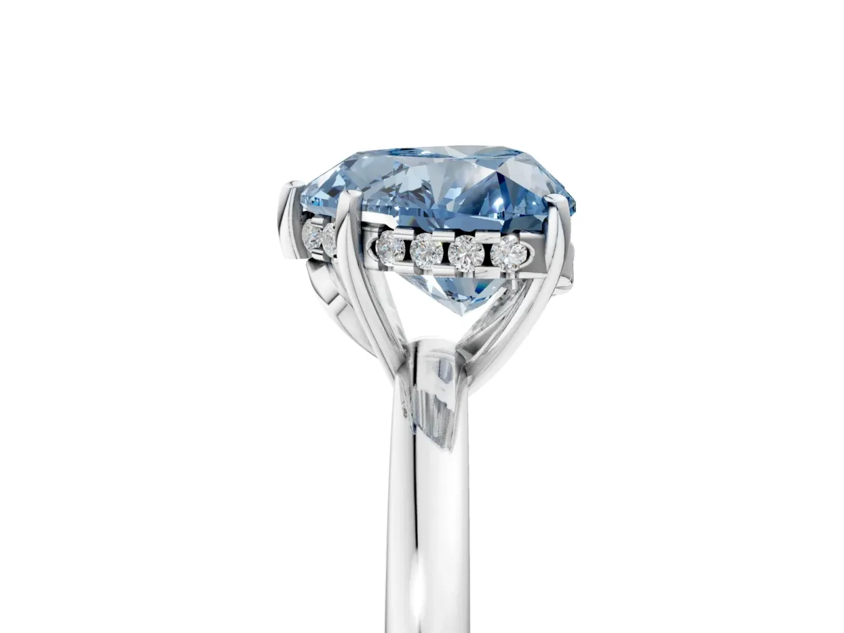Fancy Blue Heart Cut Solitaire Diamond Ring with Prong Setting and Plain Band Silver
