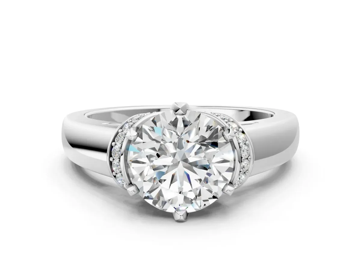 Round Cut Solitaire Diamond Ring with Pave Band and Six-Prong Setting Silver