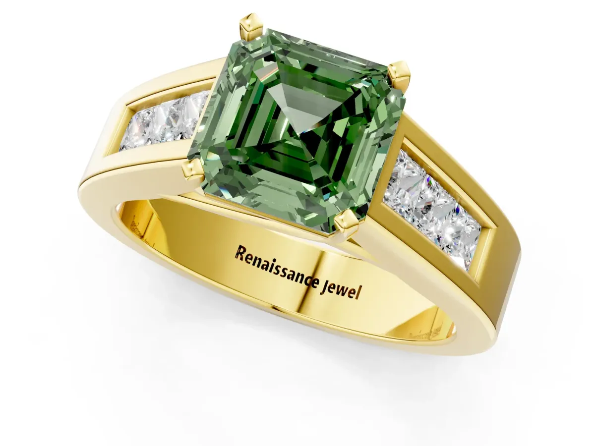 Fancy Green Asscher Cut Cut Channel Set Solitaire Ring with Four-Prong Setting Yellow gold