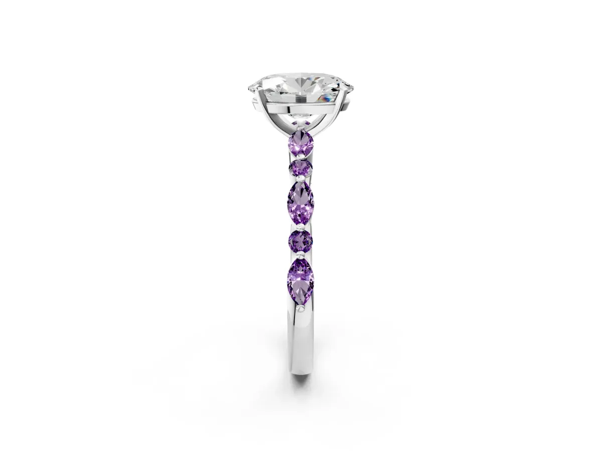 Oval Cut Diamond Ring with Marquise and Round Amethyst Side Stones and Four-Prong Setting Silver