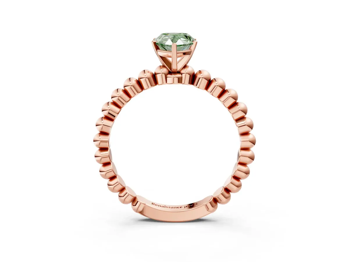Fancy Green Pear Cut Diamond Solitaire Ring with Beaded Band and Prong Setting Rose gold