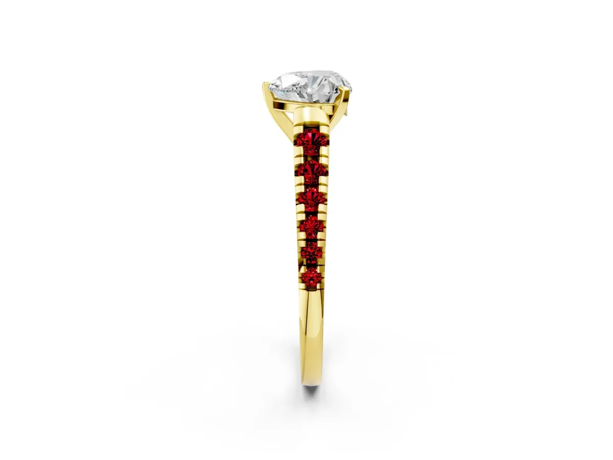 Heart Cut Diamond Cathedral Solitaire Ring with Round Ruby Pavé Band Yellow gold