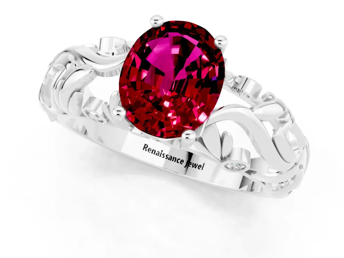 Oval Cut Solitaire Garnet Leaf-Inspired Vine Band Ring with Prong Setting White gold