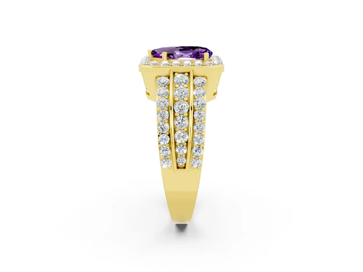 Pear Cut Halo Amethyst Ring with Round Split Shank and Prong Setting Yellow gold