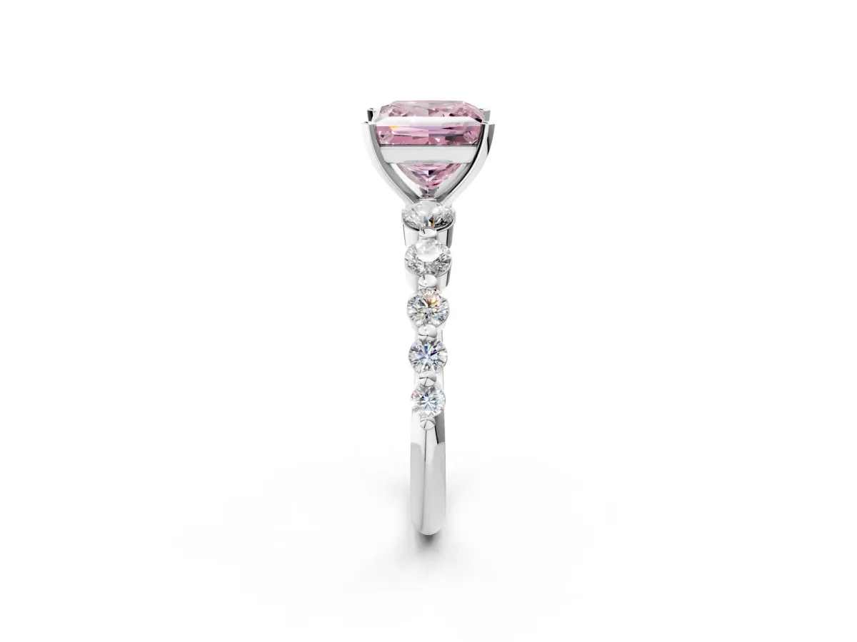 Fancy Pink Princess Cut Solitaire Diamond Ring with Pave Band and Four-Prong Setting Silver