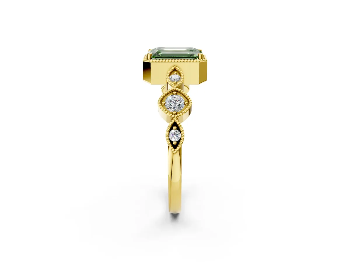 Fancy Green Emerald Cut Diamond Vintage Milgrain Ring with Round Stations Yellow gold