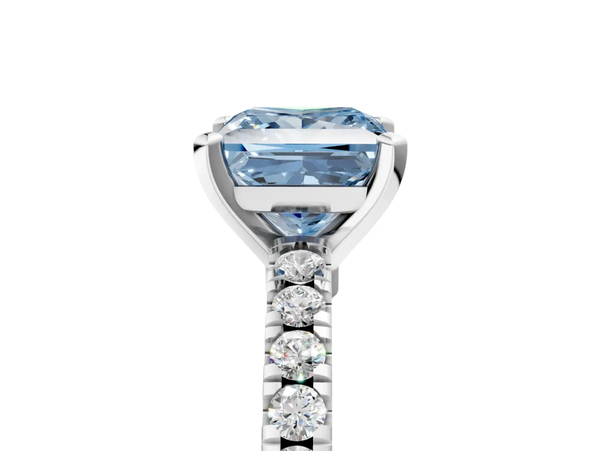 Fancy Blue Princess Cut Solitaire Diamond with Pavé Band and Four-Prong Setting Silver
