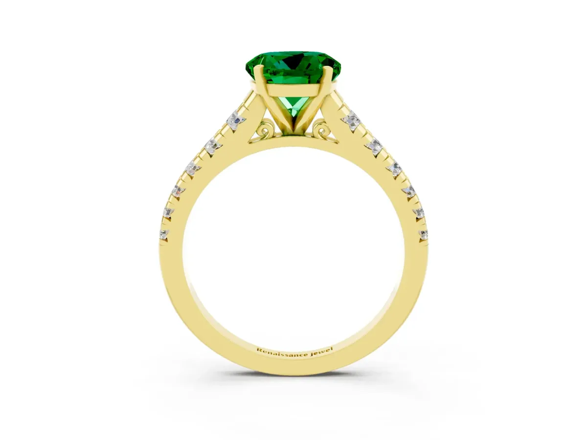 Round Cut Emerald Cathedral Solitaire Ring with Round Pavé Band Yellow gold