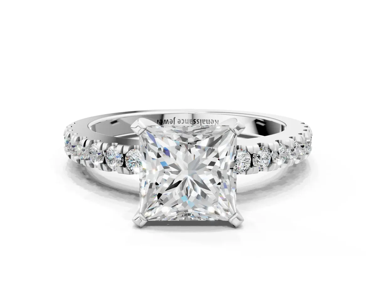 Princess Cut Solitaire Diamond with Pavé Band and Four-Prong Setting Platinum