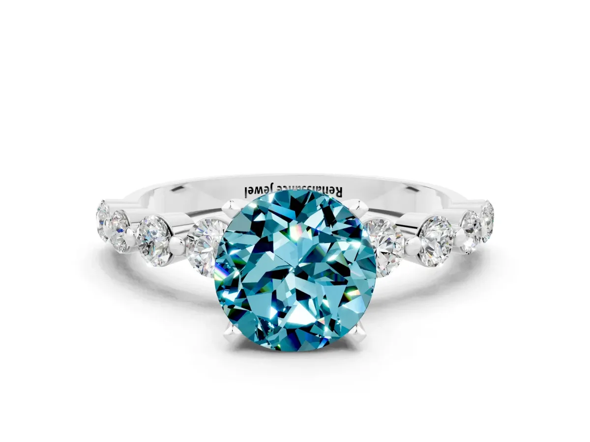 Round Cut Solitaire Blue Topaz Ring with Pave Band and Four-Prong Setting Silver