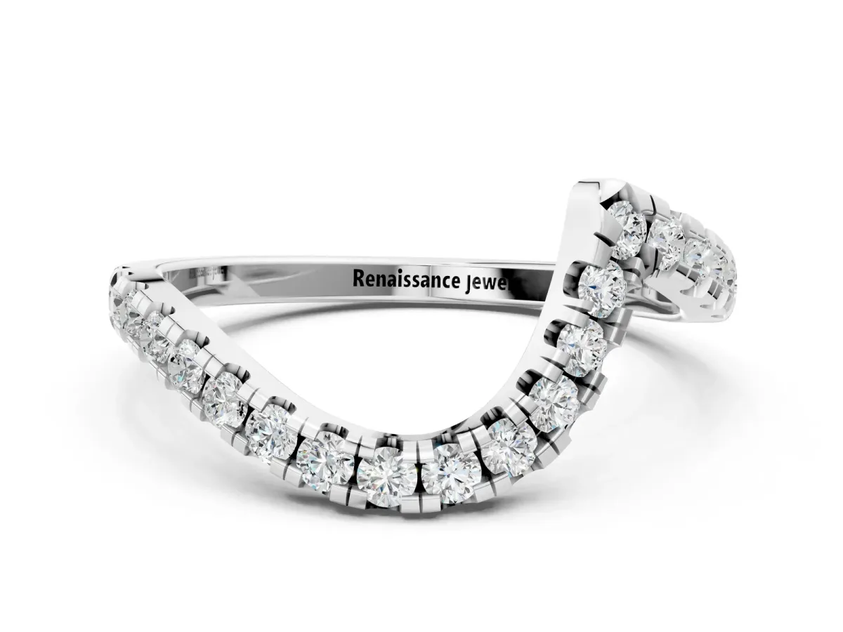 Round Diamond Pavé V-Shaped Contour Band with Shared Prong Setting Silver
