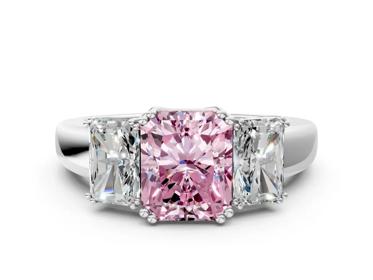Fancy Pink Three-Stone Radiant Cut Cut Diamond Ring with Channel Set Band and Four-Prong Setting Silver