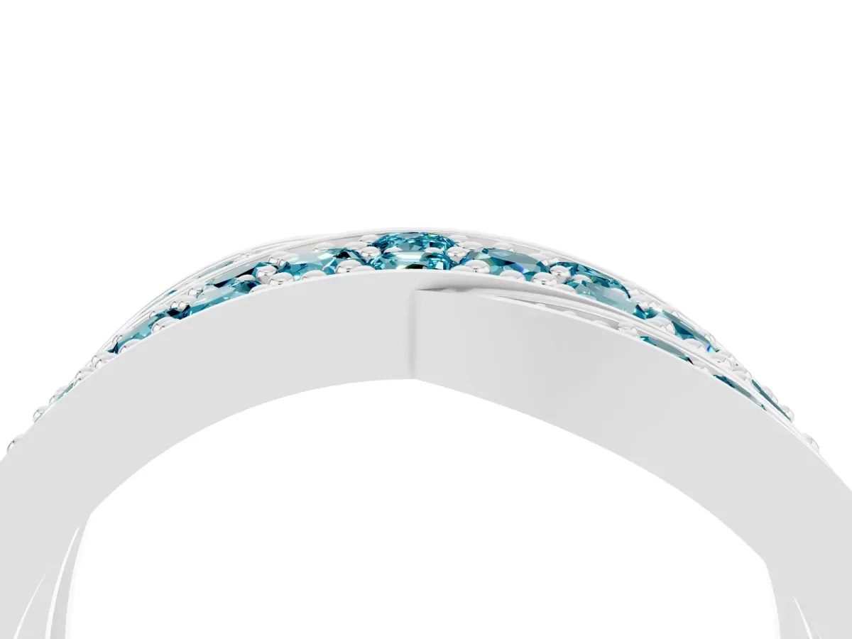 Pavé Round Blue Topaz Crossover Band with Bead Prong Setting Platinum