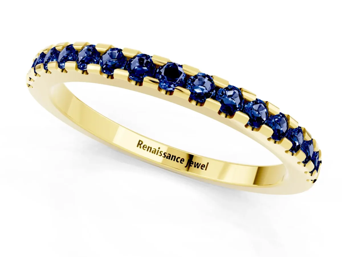 Round Blue Sapphire Pavé Set Eternity Band with Micro Prong Setting Yellow gold