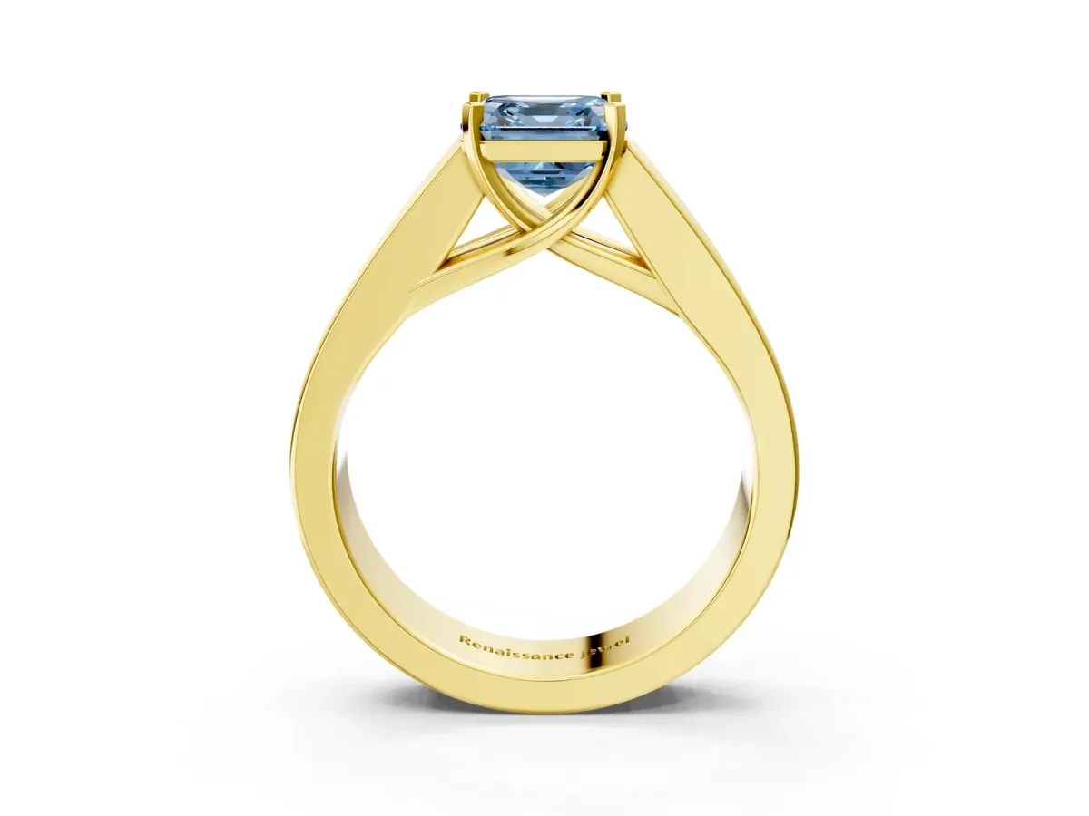 Fancy Blue Asscher Cut Cut Channel Set Solitaire Ring with Four-Prong Setting Yellow gold