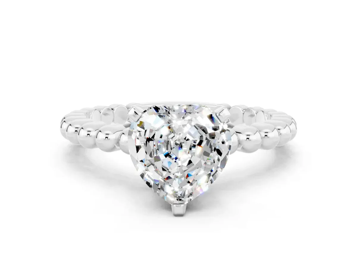 Heart Cut Moissanite Solitaire Ring with Beaded Band and Prong Setting Silver