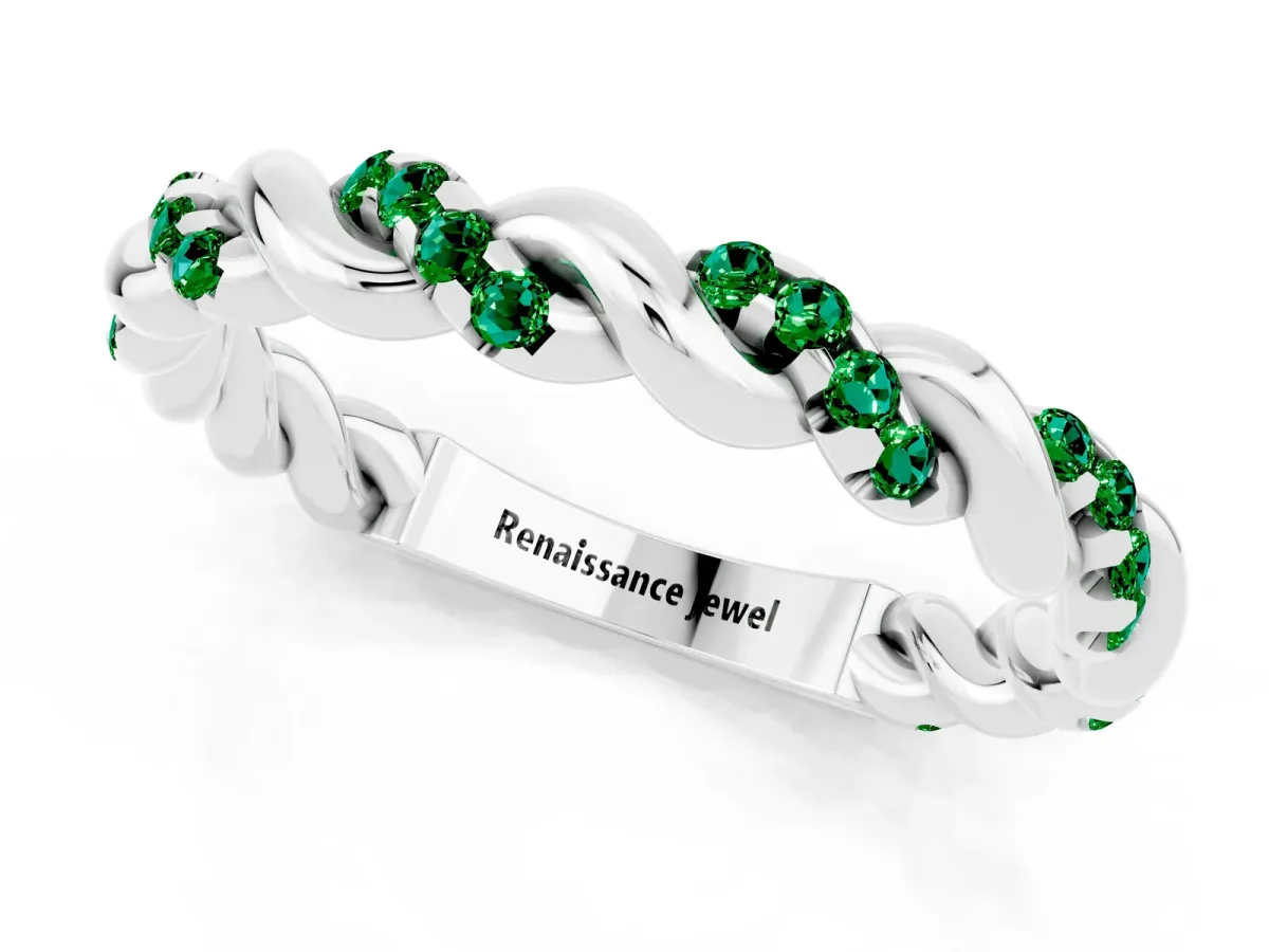 Twisted Pavé Round Emerald Eternity Band White gold