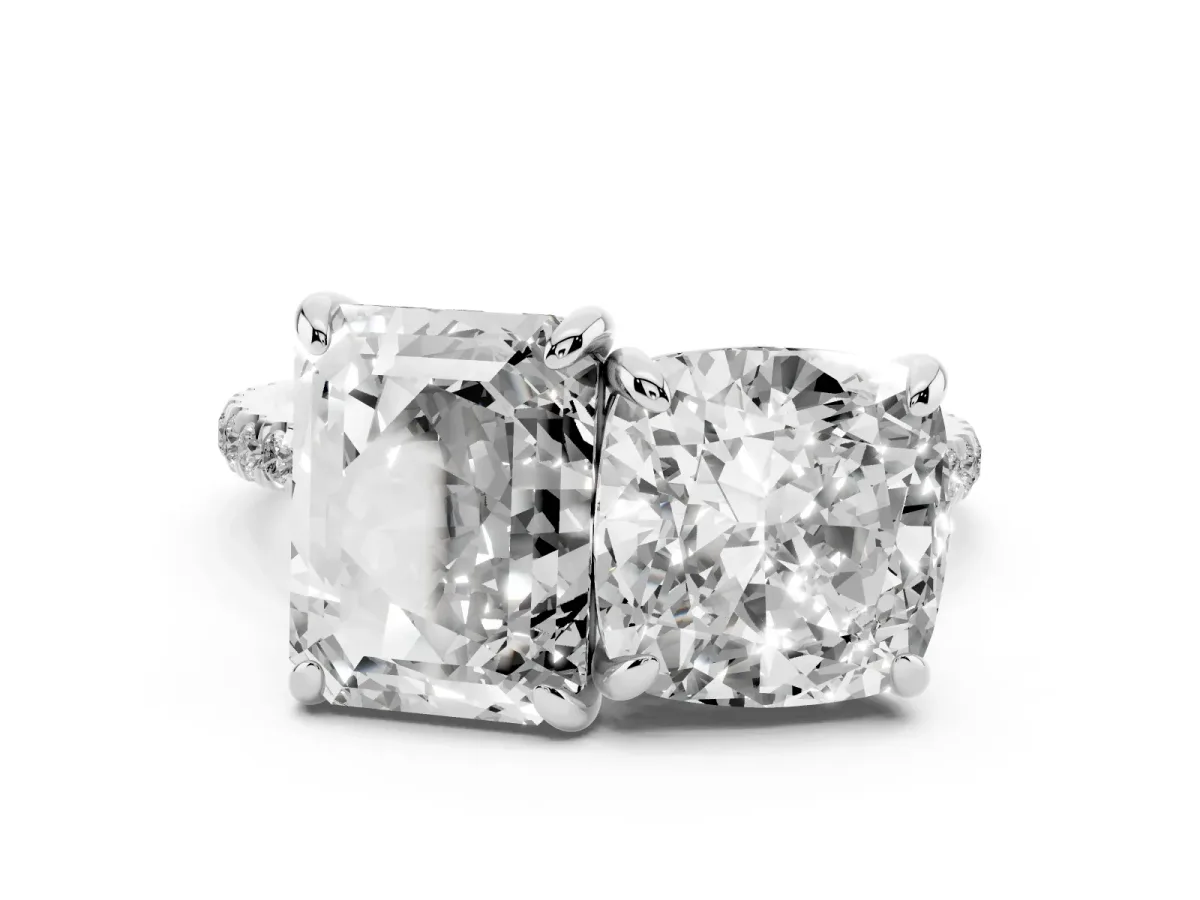 Cushion and Emerald Toi Moi Ring with Prong Setting and Micro Pave Band White gold