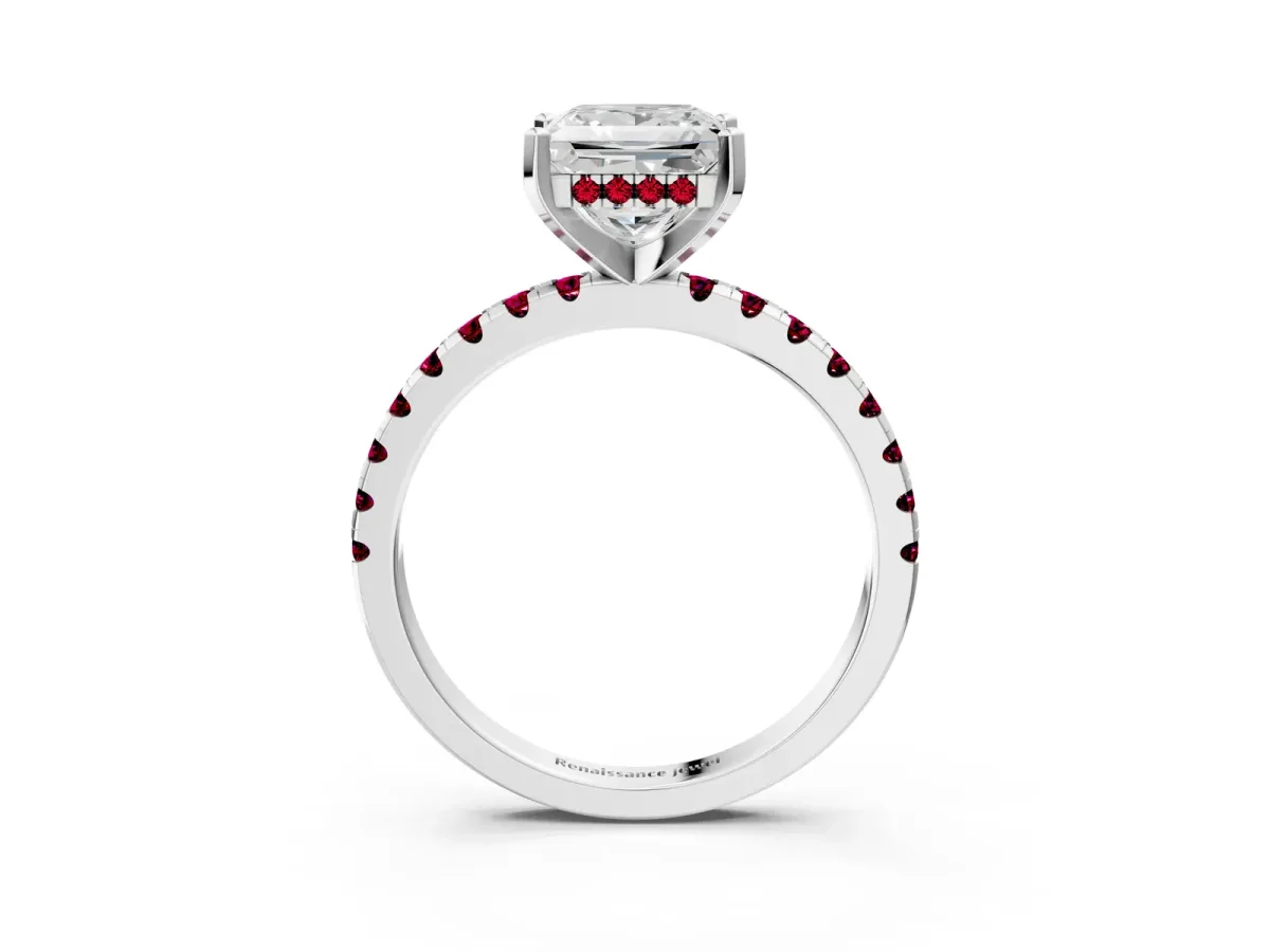 Princess Cut Diamond Solitaire Ring with Round Garnet Pavé Band and Four-Prong Setting Silver