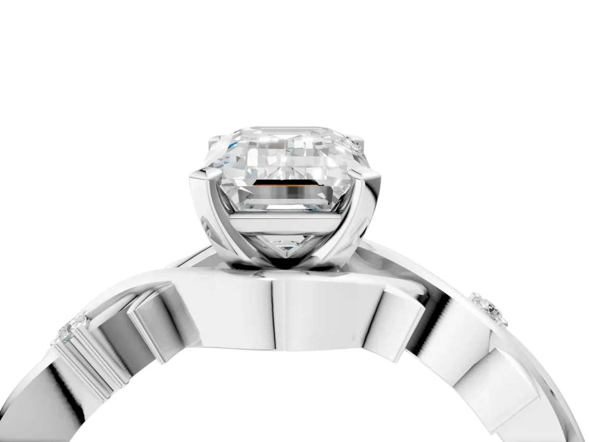 Emerald Cut Diamond Solitaire Ring with Twisted Band and Prong Setting Silver
