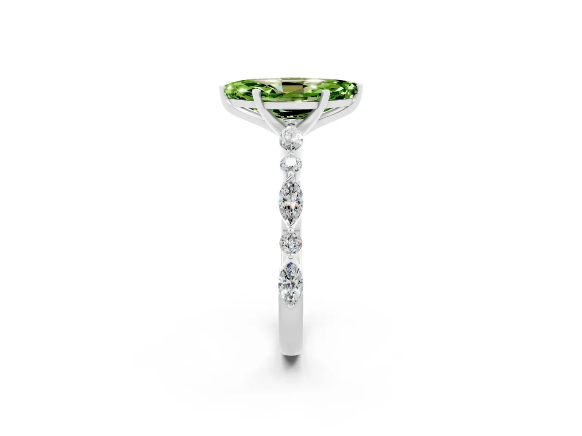 Marquise Cut Peridot Ring with Marquise and Round Side Stones and Four-Prong Setting Silver