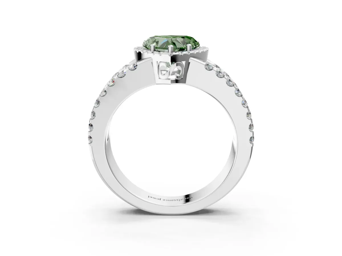 Fancy Green Heart Cut Cut Halo Split Shank Diamond Ring with Four-Prong Setting Platinum