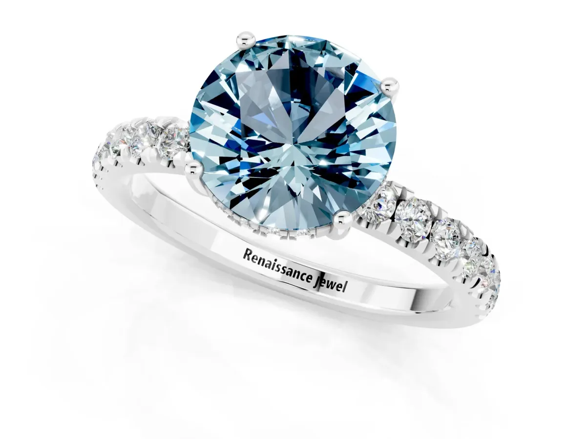 Round Cut Aquamarine Pave Band Solitaire Ring with Round and Prong Setting Silver