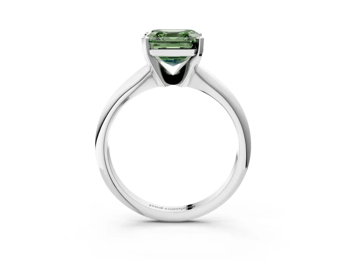 Fancy Green Asscher Cut Cut Solitaire Ring with Four-Prong Setting on a Classic Band Platinum