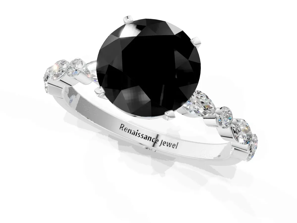 Fancy Black Round Cut Diamond Ring with Marquise and Round Side Stones and Four-Prong Setting Silver