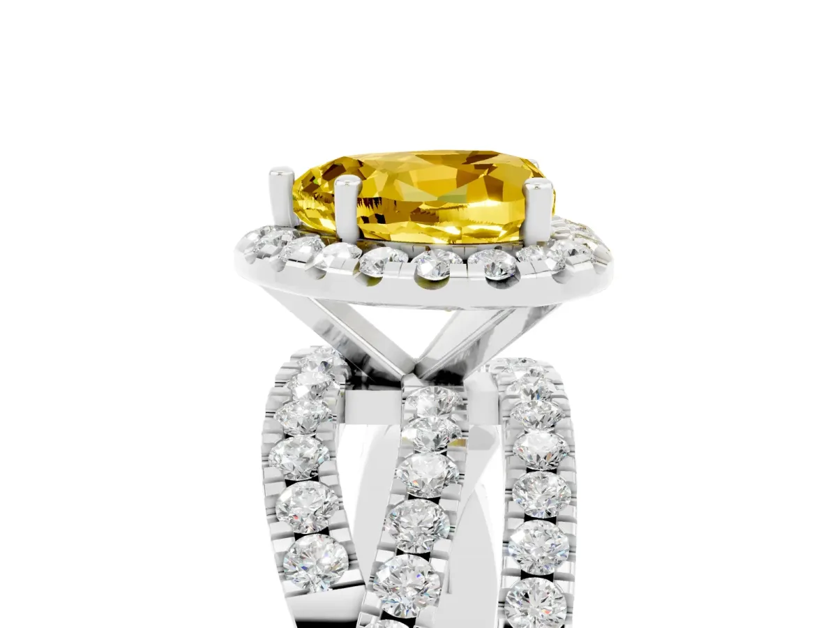 Heart Cut Yellow Sapphire Halo Ring with Round Split Shank and Prong Setting Platinum