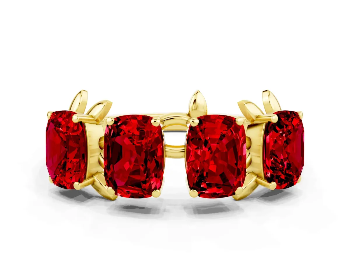 Four-Stone Elongated Cushion Ruby Band with Nature-Inspired Prong Setting Yellow gold