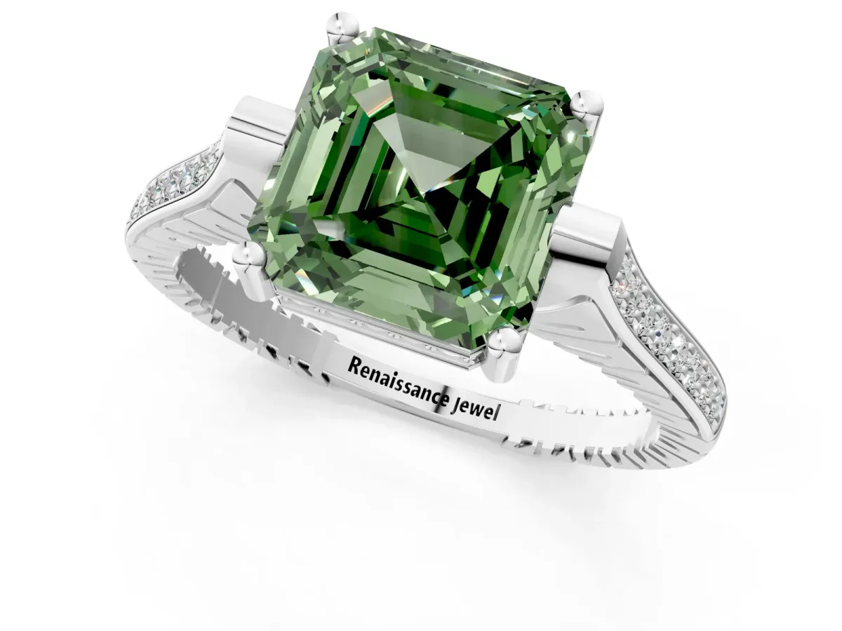 Fancy Green Asscher Cut Solitaire Diamond Ring with Channel Set Band and Bezel Prong Setting Platinum