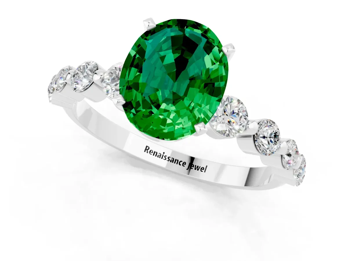 Oval Cut Solitaire Emerald Ring with Pave Band and Four-Prong Setting Silver