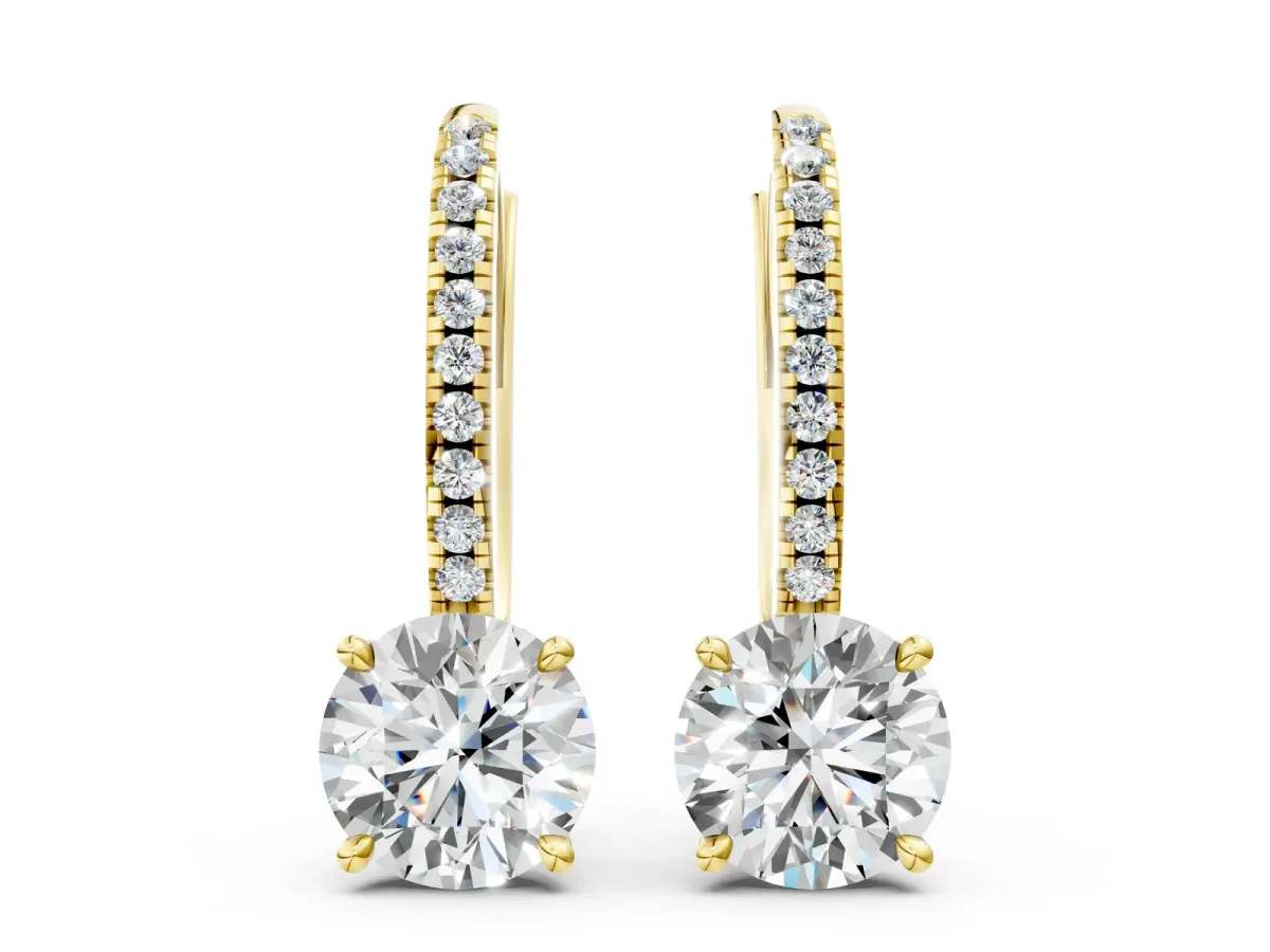 Round Diamond Hidden Halo Drop Earrings Yellow gold