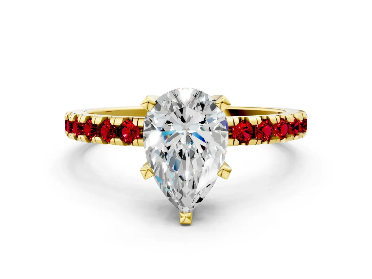 Pear Cut Diamond Solitaire Ring with Round Ruby Pavé Band and Four-Prong Setting Yellow gold