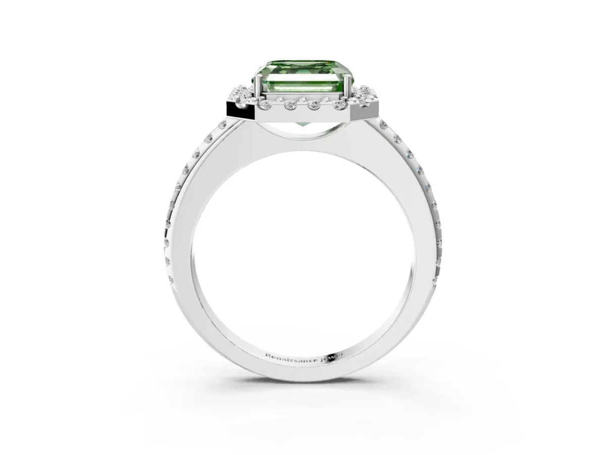 Fancy Green Asscher Cut Diamond Pavé Halo Ring with Four-Prong Setting Platinum
