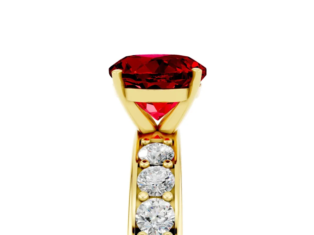 Round Cut Ruby Engagement Ring with Channel Set Round Band and Prong Setting Yellow gold
