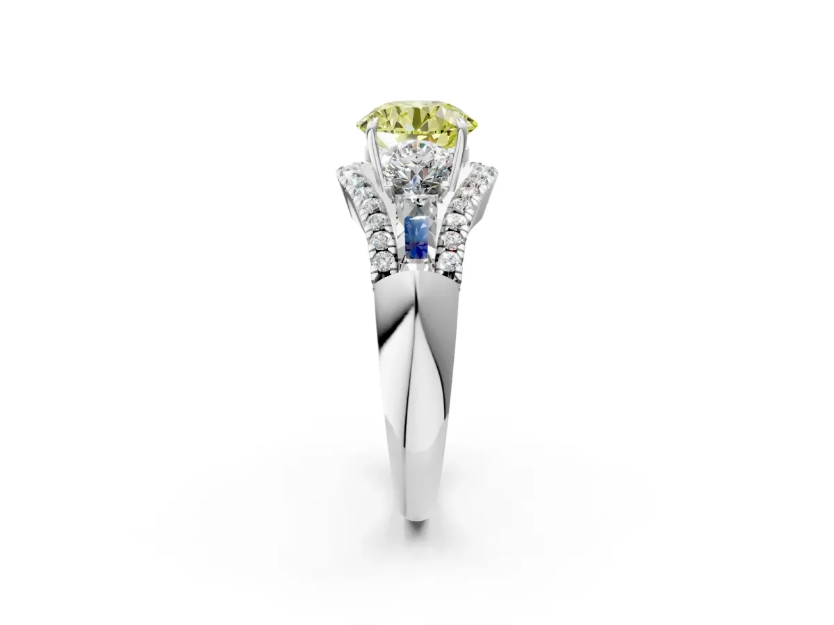 Fancy Yellow Three-Stone Round Cut Diamond Engagement Ring with Pave Band and Prong Setting Platinum