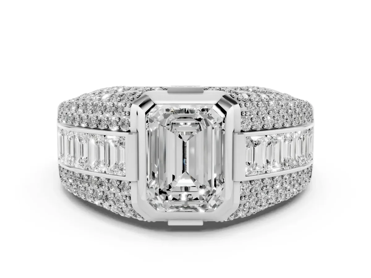 Emerald Cut Diamond Mens Ring with Side Stones White gold