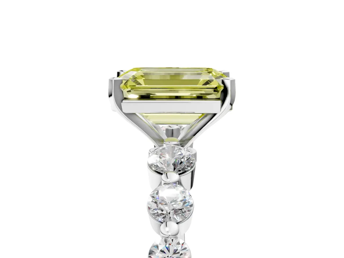 Fancy Yellow Emerald Cut Solitaire Diamond Ring with Pave Band and Four-Prong Setting Silver