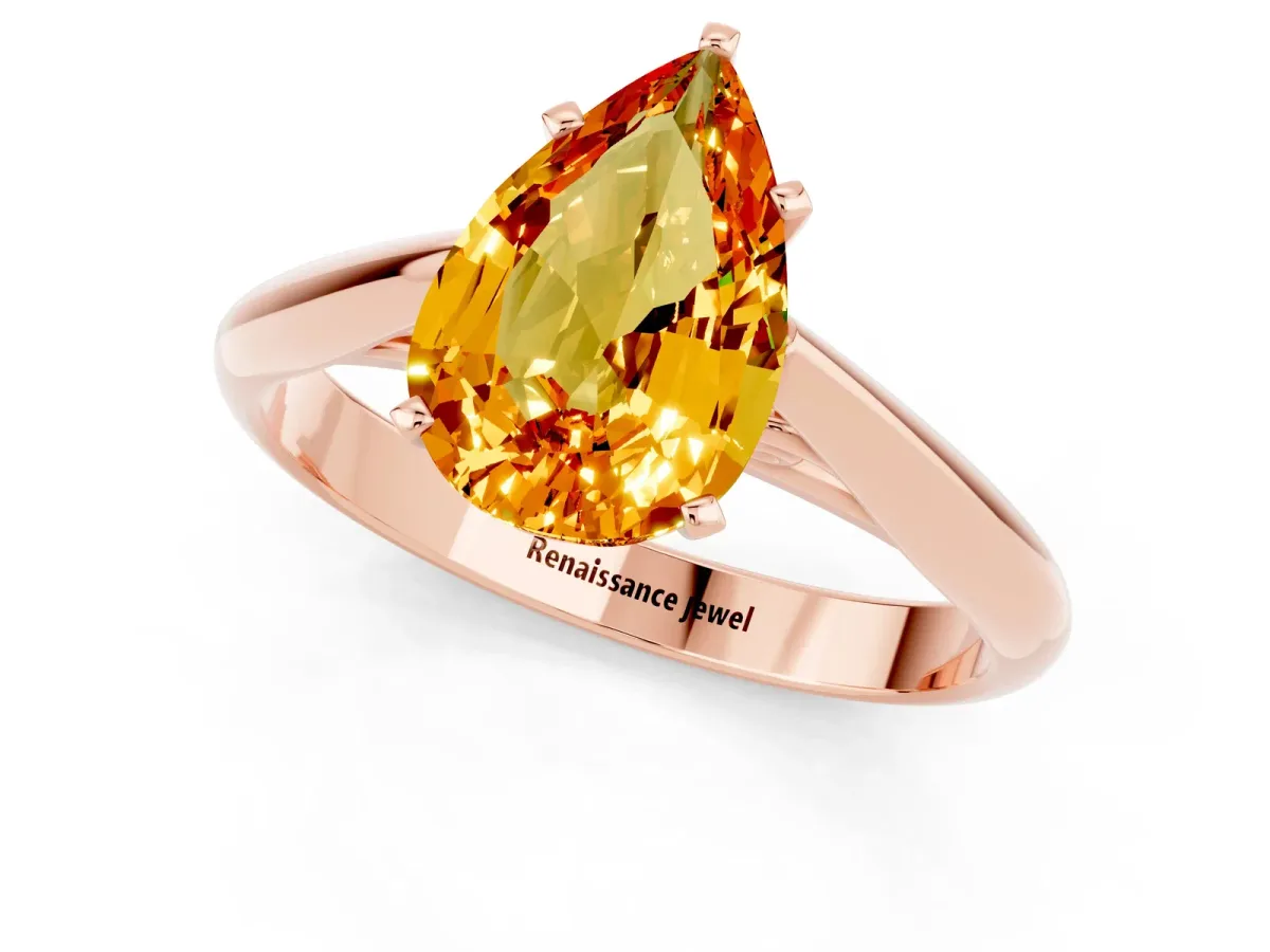 Pear Cut Citrine Solitaire Engagement Ring with Cathedral Setting and Four-Prong Mount Rose gold