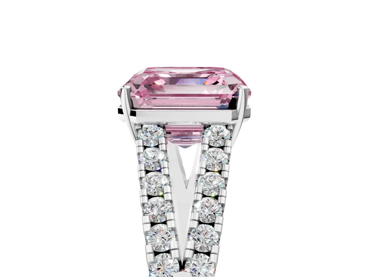 Fancy Pink Asscher Cut Diamond Split Shank Engagement Ring with Round Pavé and Prong Setting Platinum