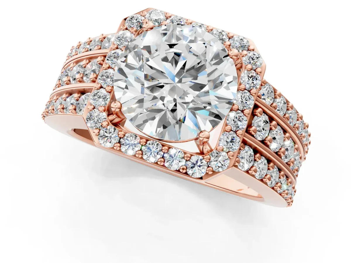 Round Cut Halo Diamond Ring with Round Split Shank and Prong Setting Rose gold