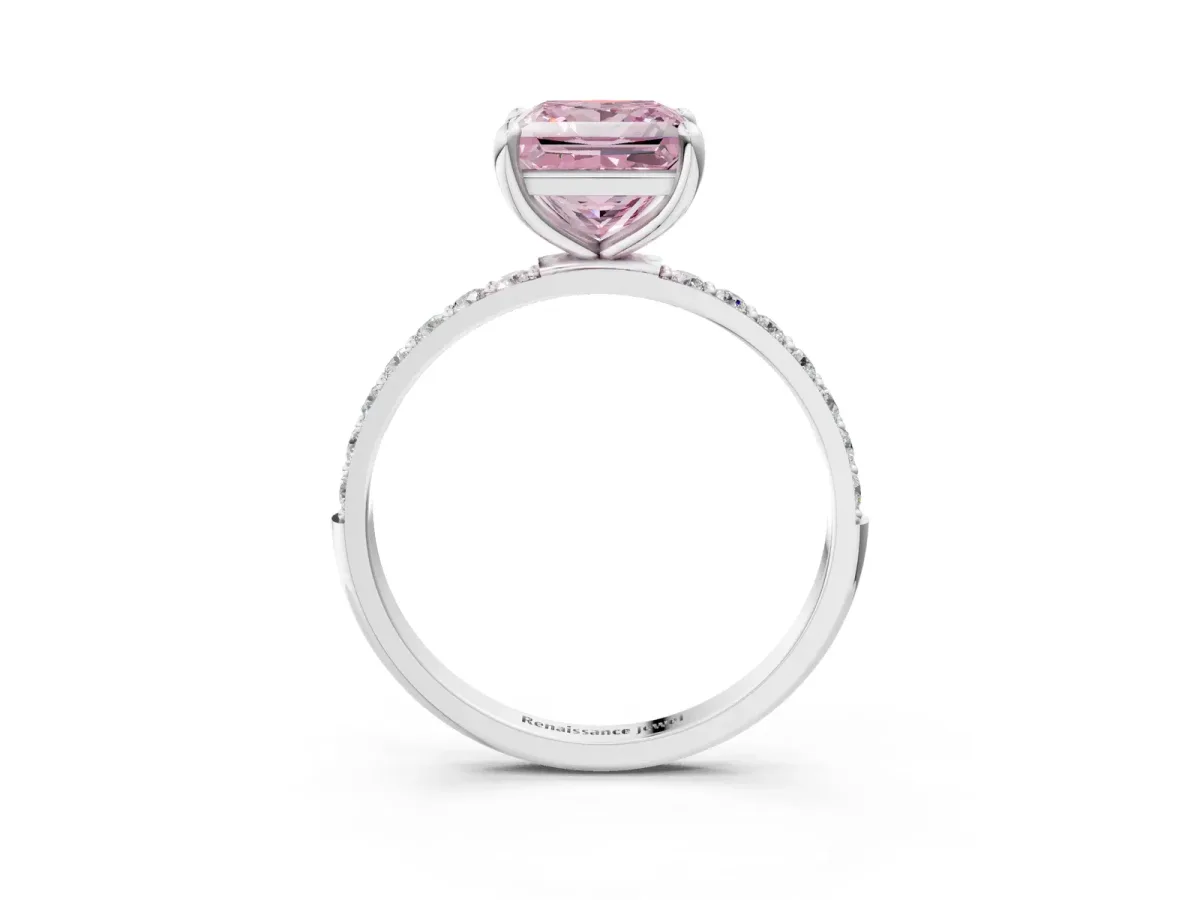 Fancy Pink Princess Cut Diamond Solitaire Ring with Round Pavé Band and Prong Setting Silver