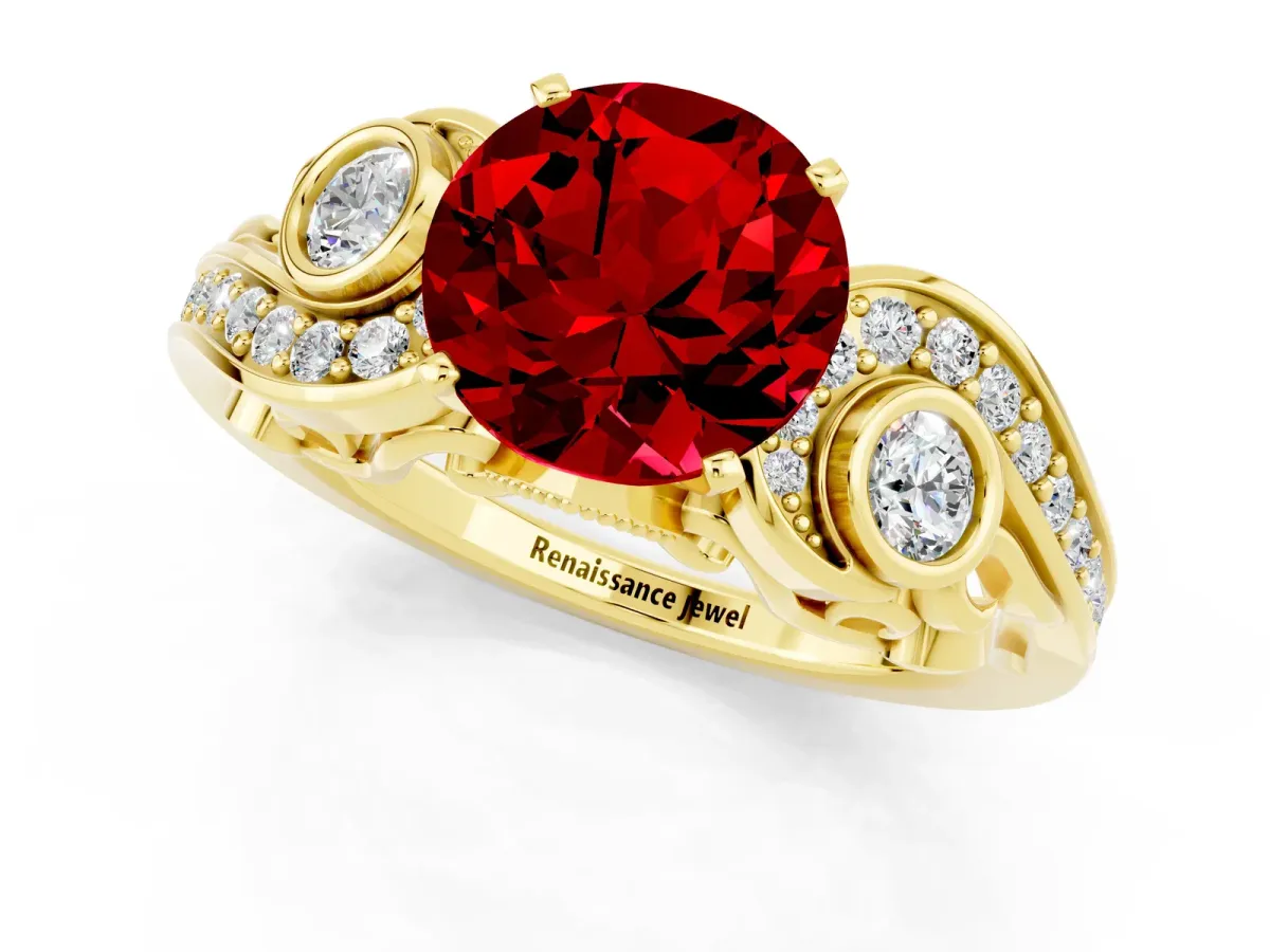 Round Cut Ruby Solitaire Ring with Milgrain Pavé Band and Four-Prong Setting Yellow gold